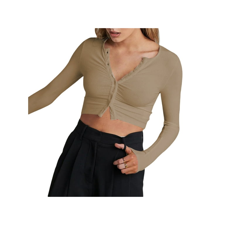 Long Sleeve Crop Tops for Women Button Down Crop Top Ribbed Fitted Tops Sexy Cropped Shirts Going Out Tops for Women