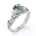 thumbnail image 4 of JeenMata Botanical Style - 1.75 Carat Cushion Cut Opaque Milky Moss Green Agate and Moissanite - Filigree Milgrain Wedding Set - 18K White Gold Plating over Silver, 4 of 7