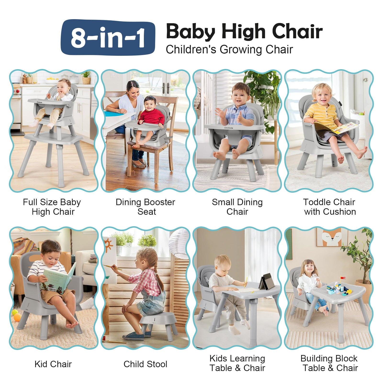 Cowiewie 8 in 1 Baby High Chair for Babies, Toddler Dining Booster Seat, BPA Free PP Material, Grey