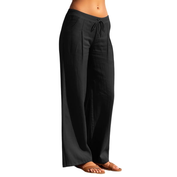 Women's Linen Wide Leg Pants – Drawstring Elastic Waist Casual Trousers with Pockets, Lightweight Cotton Blend for Summer Beach & Lounging(Black,L)