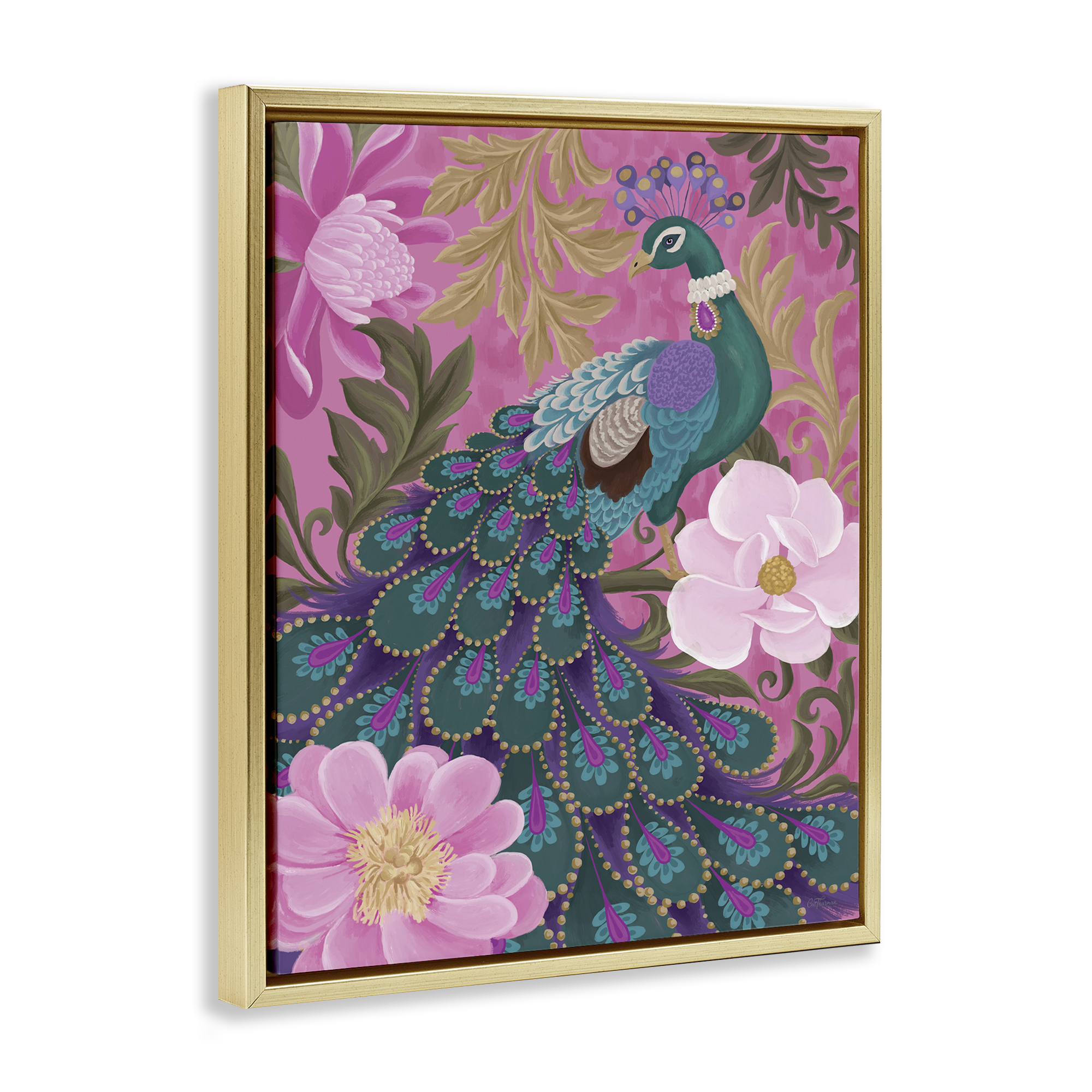 Stupell Industries Peacock & Pink Blossoms Animals & Insects Painting Gold Floater Framed Canvas Art Print Wall Art, 17 x 21