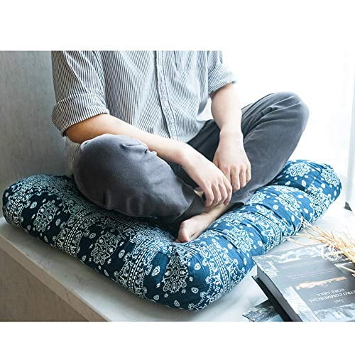 FAMIFIRST Square Solid Cotton Linen Floor Cushion Tufted Meditation Yoga Tatami Seating Cushion for Living Room Bedroom Balcony Office Outdoor Blue Futon 23x23 Inch