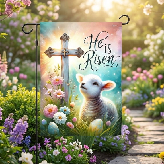 Garden Flag Easter Day Lamb Christian Cross He Is Risen, Religious, 12x18 POLE NOT INCLUDED