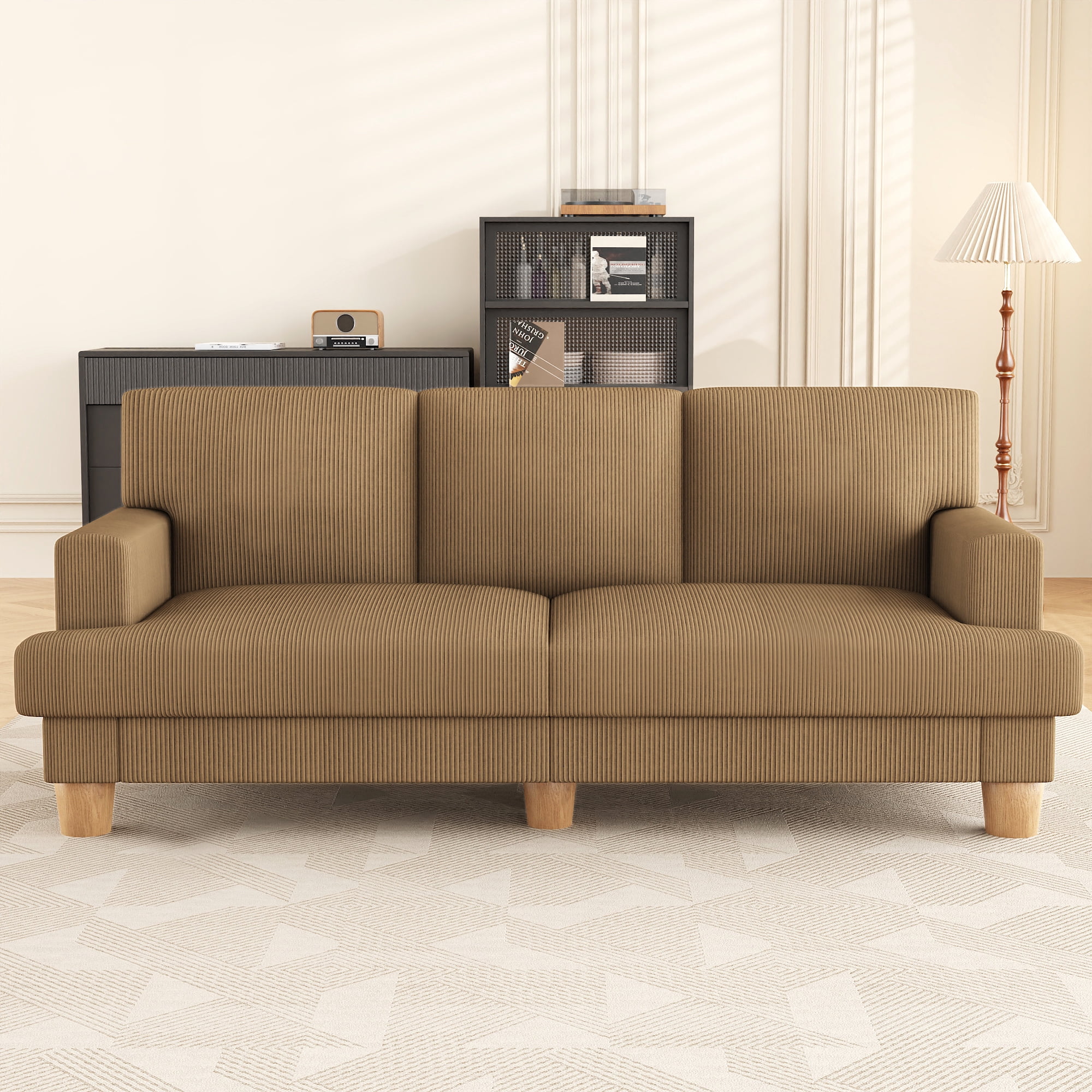 AAQZ 87" Corduroy Sofa Couch for Living Room, 3 Seater Deep Seat Comfy Couch in a Box, 2 Cushions, 2 Pillows Tool-Free Setup,Brown