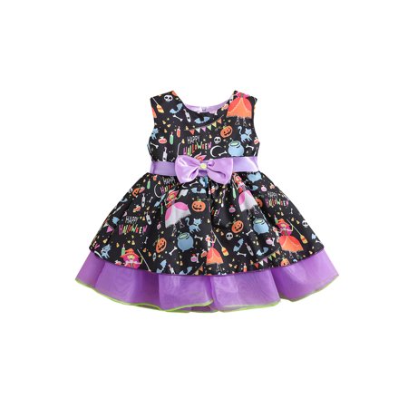 

Peyakidsaa Kids Girl Halloween Sleeveless Dress with Bow Waist Ruffle Hem Horror Print Clothing