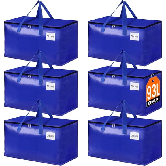 93L Moving Bags with Zippers & Handles, Collapsible Moving Supplies, Heavy Duty Storage Totes, Blue, 6 Pack