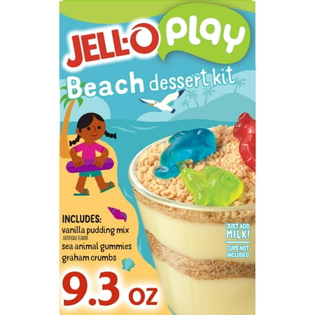 Jell-O Play Beach Dessert Kit with Vanilla Pudding Mix, Sea Animal Gummies & Graham Crumbs, 9.3 oz Box