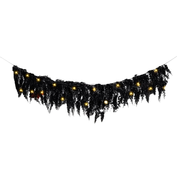 Lighted Black Tattered Halloween Garland with Warm White String Lights, Spooky Hanging Decor for Mantels, Doorways and Halloween Parties