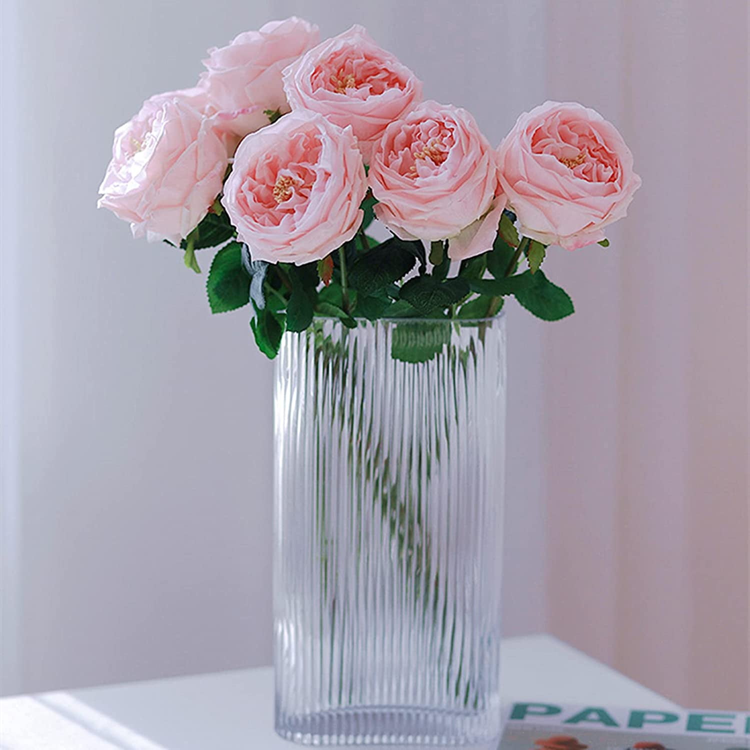  UKELER 4 Pcs Fake Flowers Light Pink Realistic Roses Bouquet  Spring Fall Winter Artificial Flowers for Home Decor Flower Arrangement  Wedding Party Decoration : Home & Kitchen