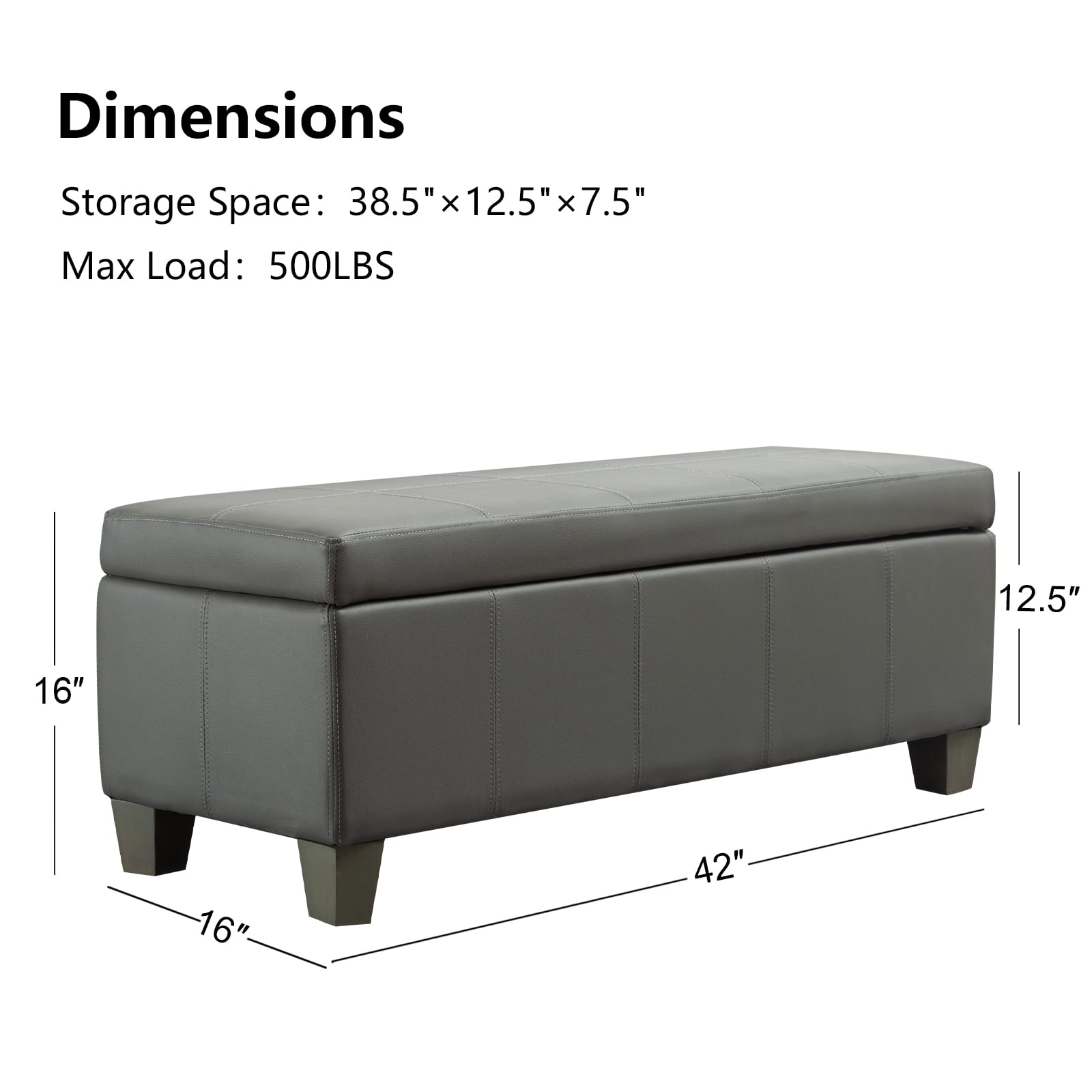 Foredo Rectangle Ottoman with Storage, Modern Faux Leather Bench with Solid Wood Legs, Ottoman for Living Room, Bedroom and Entryway, Gray