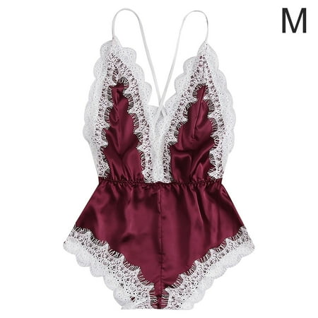 

Sexy Lingerie Women Deep V-neck Underwear Girl Lace Mesh Bodysuit Wine Red M