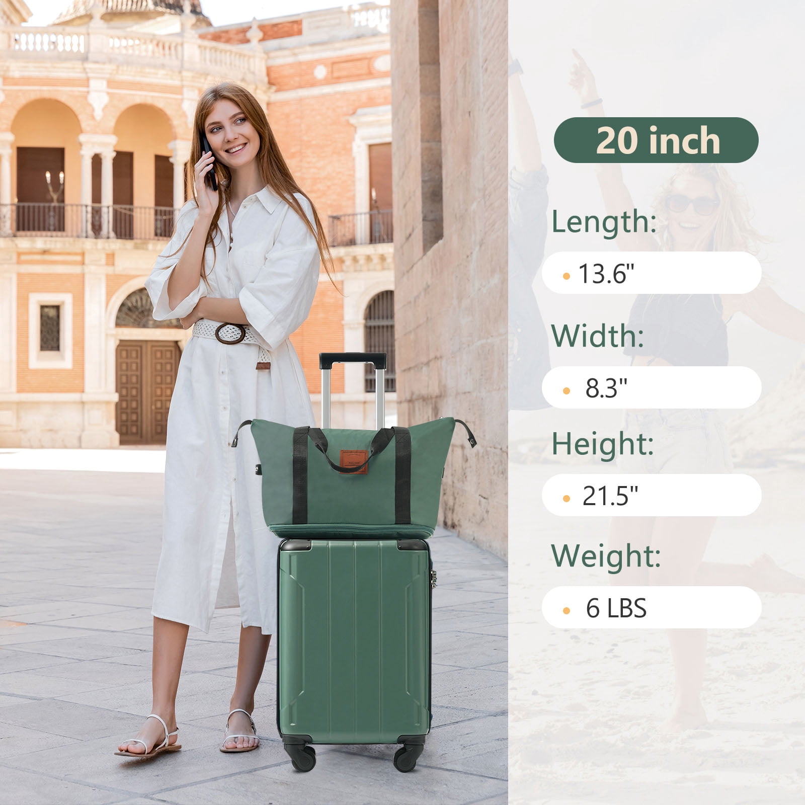 CQSXDA 20 Inch Lightweight Hardshell ABS Carry On Luggage Set with Spinner Wheels for Weekend Getaways & Travel 3 Piece, Green