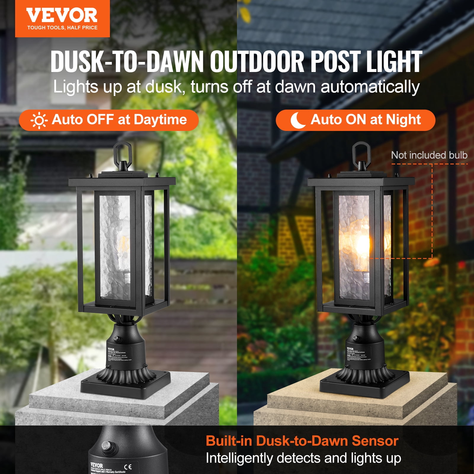 VEVOR 2 Pack Dusk to Dawn Outdoor Post Light, 17.72 in, Waterproof Lamp Post Light Fixtures with 3.5 in Pier Mount Base Glass Shade, Lightning-proof Exterior Pole Column Light
