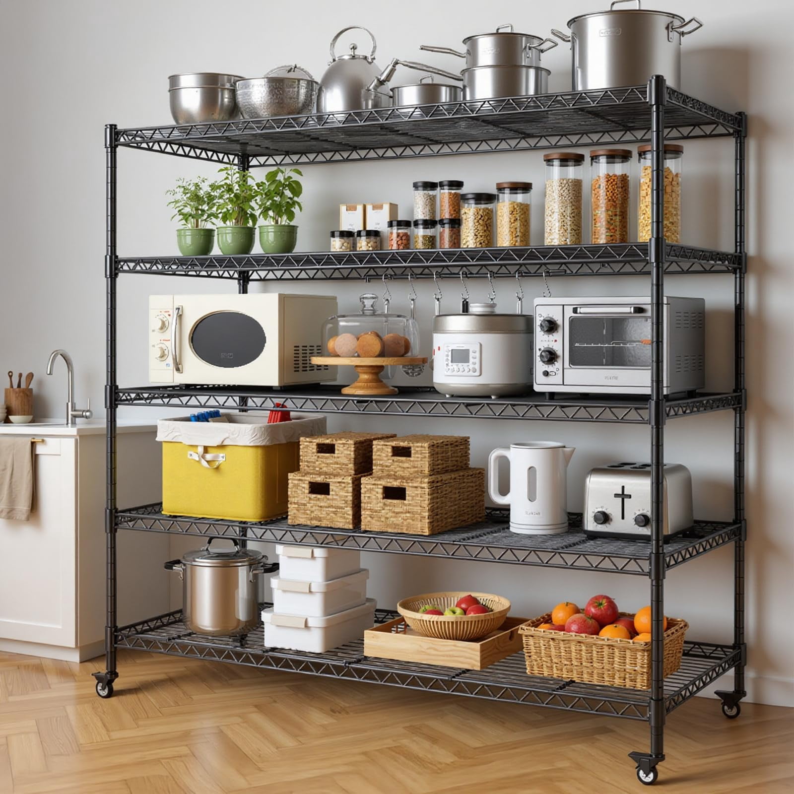 5-Tier Heavy Duty Wire Shelving Unit,3000 lbs Storage Rack,Metal Shelving with Wheels,Storage Shelves for Garage,Workshop,46"W x 16"D x 72"H