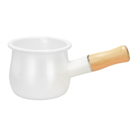 

Enamel Milk Mini Butter 10cm Enamelware Saucepan Cookware with Wooden Handle Perfect Size for Heating Smaller Liquid Portions. (White)