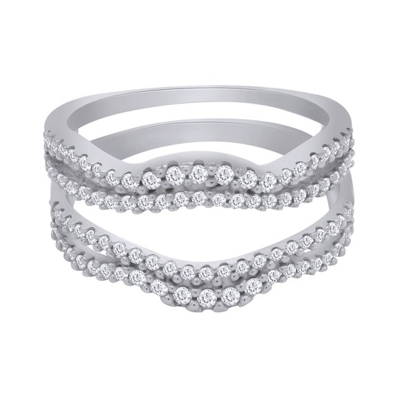 Round Cut White Cubic Zirconia Double Row Chevron Enhancer Guard Ring 14K White Gold Ring Size - 9.5