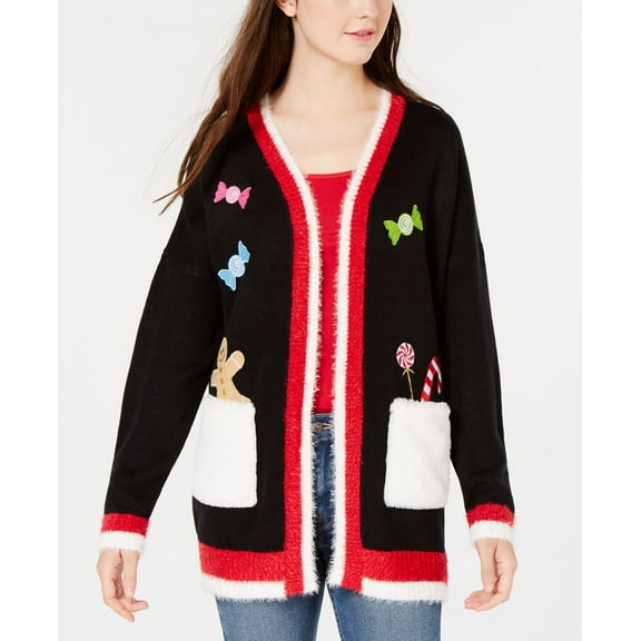 Hooked Up By Iot Juniors Holiday Cardigan Sweater Black M