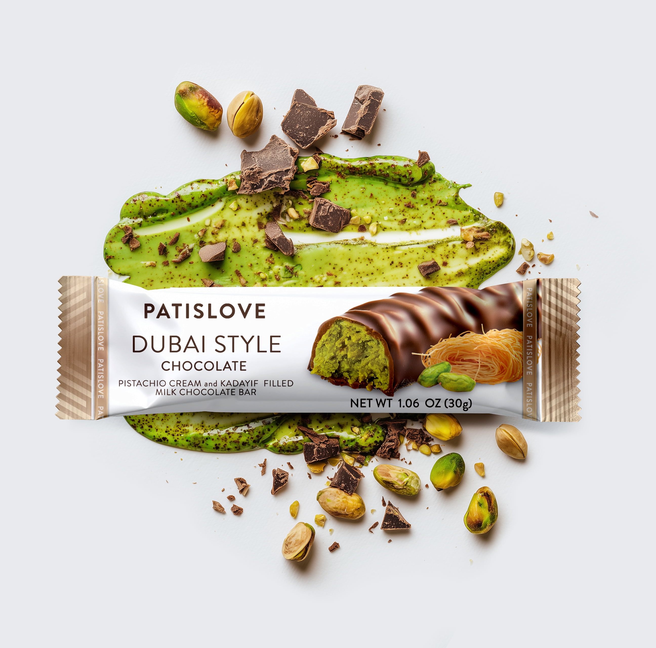 Patislove Dubai Style Milk Chocolate Bar with Pistachio Cream and Crispy Kadayif, 1.06 oz
