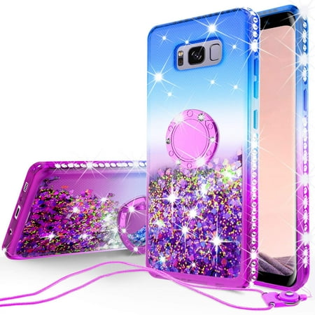 Samsung Galaxy S8 Liquid Floating Quicksand Glitter Phone Case Kickstand,Bling Diamond Bumper Ring Stand Protective Galaxy S8 Case for Girl Women -