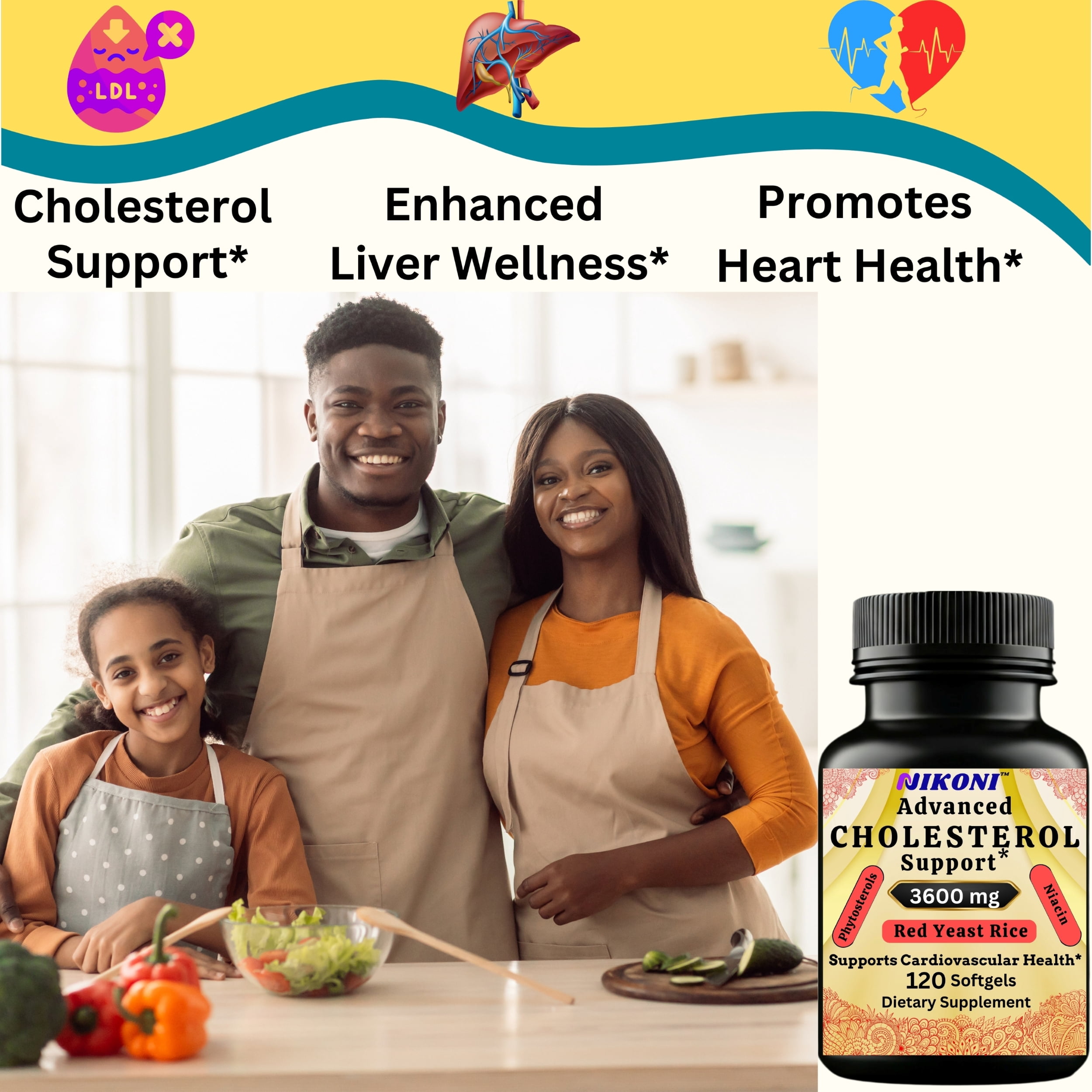 Nikoni Advanced Cholesterol Support Dietary Supplement 3600 mg Plant Sterols & Vitamins 14-in-1 Formula 240 Softgels