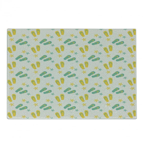 Geometric Cutting Board, Flip Flops and Starfishes Beach Elements Exotic Poolside Theme Pattern, Decorative Tempered Glass Cutting and Serving Board, Small Size, Seafoam Yellow White, by Ambesonne