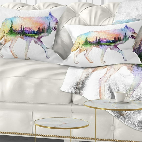 Designart Wolf Double Exposure Illustration - Animal Throw Pillow - 12x20