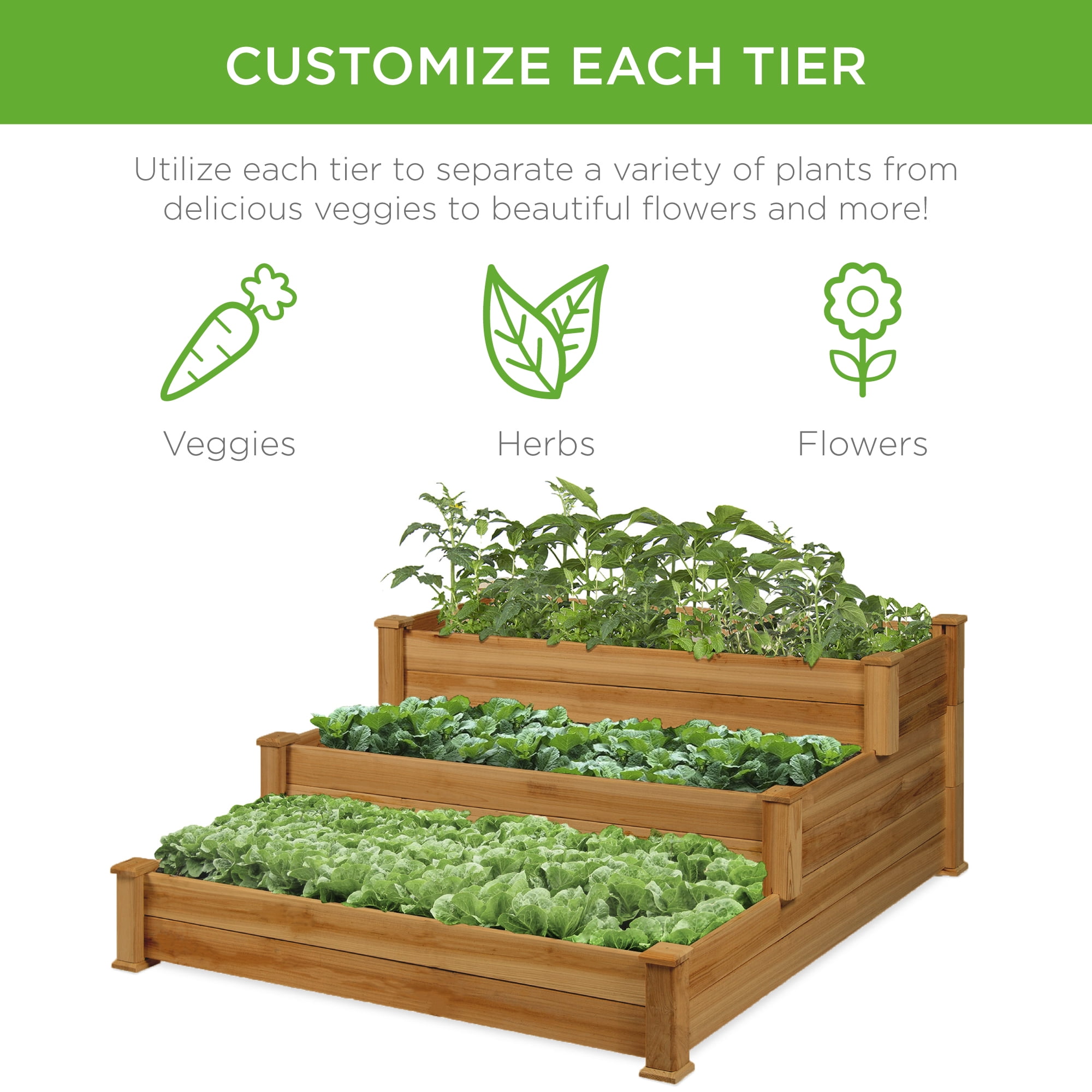 Best Choice Products 3-Tier Fir Wood Raised Garden Bed Planter for Plants, Vegetables, Outdoor Gardening - Acorn Brown