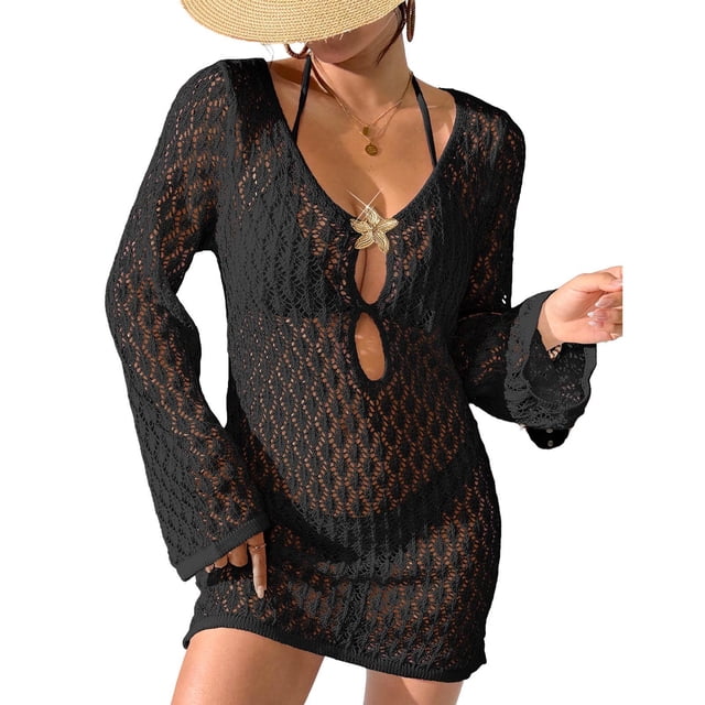 Tauxra Robe de Plage à Manches Longues pour Femmes, Robe de Plage Modelante Bikini Haut Blouse Tunique, Robe Maxi à Manches Longues avec Style Élégant pour Vacances