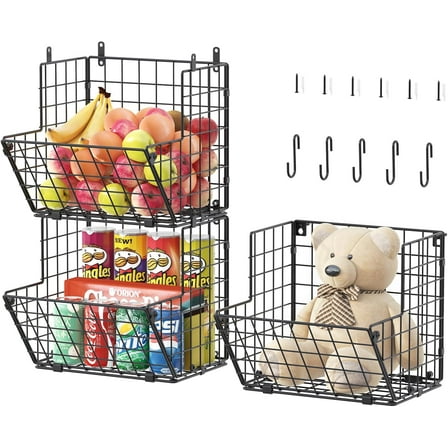 X-cosrack Metal Wire Basket Wall Mount, 3 Tier Wall Storage Basket Organizer with 5 S Hooks, Kitchen Fruits and Vegetables Bin Toys Organizer Hanging Basket Black (S (10.83" L x 10.63" W x 30" H))