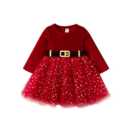 

Kids Baby Girl Christmas Long Sleeve Belt Print Mesh Tulle Tutu Dress Princess Party Pageant Tutu Gown Dresses