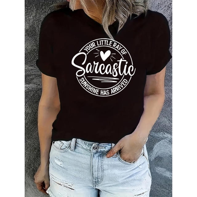 Women'S Casual Crew Neck Short Sleeve T-Shirt, Polyester Knit Fabric with Medium Stretch, Geometric Pattern, Comfortable for All Seasons, with Slogan Print for Fashionable Top