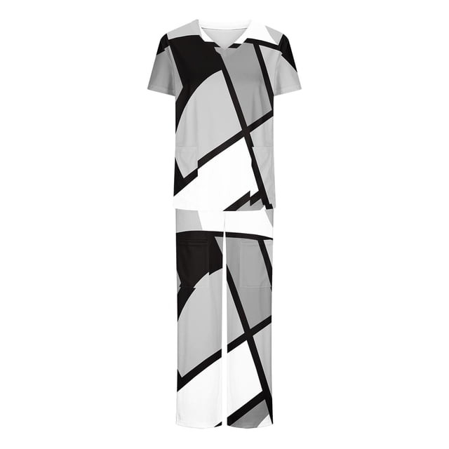 TIMIFIS Plus Size Scrub Set for Women Printed Summer V-Neck Scrub Top And Long Pants Nursing Uniform Jogger Suit Workwear with Pockets - Spring/Summer