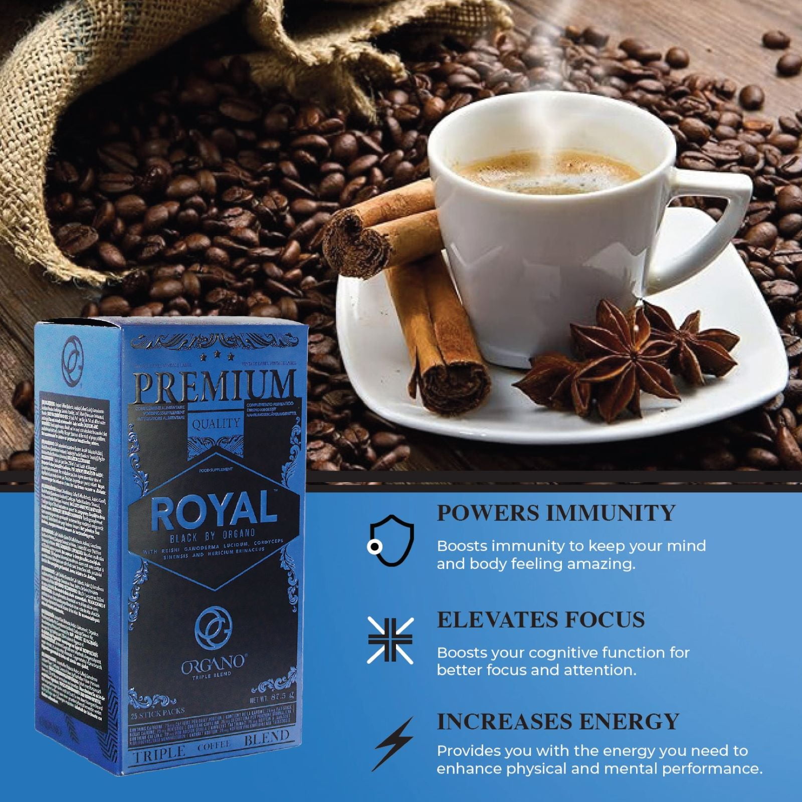 ORGANO Royal Black Medium Dark Roast Instant coffee. Infused with Triple Mushroom Blend, Ganoderma, Cordyceps and Lion's Mane. Aromatic and flavorful Ground Coffee Beans (25 Sachets) - 3 Pack