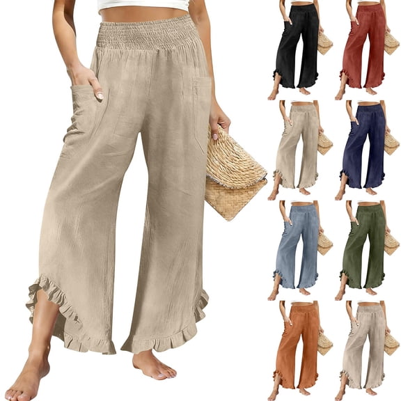 Zedker Pants for Women 100% Cotton Linen Ruffle Elastic High Waist Drawstring Wide Leg Cropped Mineral Wash Lounge Pants with Side Pockets Casual Trousers Army Green L