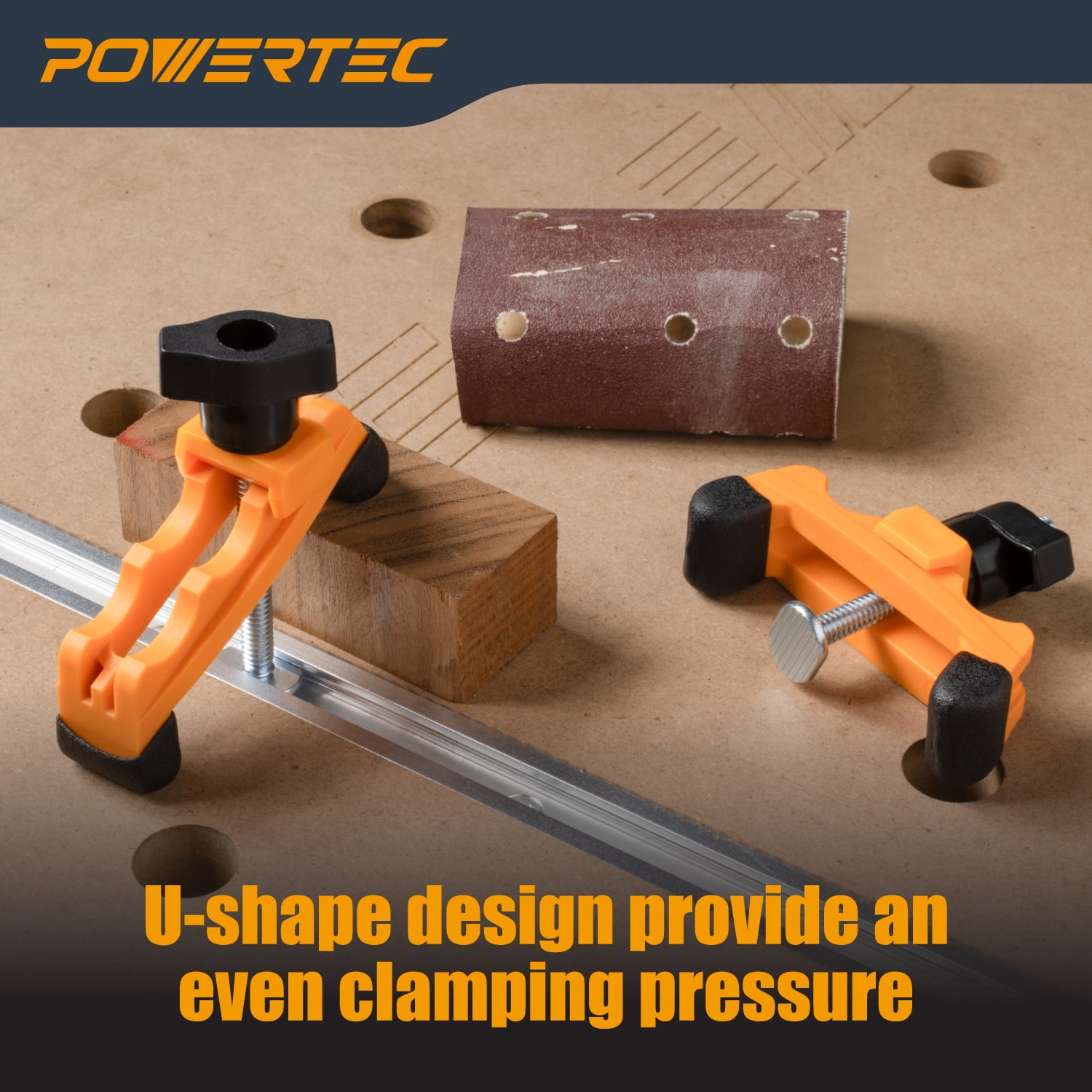 POWERTEC 2PK Adjustable Mini Hold Down Clamps, Multi-Positionable T Track Clamp, Reinforced Plastic Clamps with 1/4”- 20 Steel T Track Bolts for Drill Press, Router Table, CNC Machine & More (71786N)