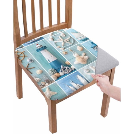 Nautical Lighthouse Chair Seat Covers for Dining Room Stretch Chair Seat Covers Set of 2, Ocean Starfish Anchor Sailboat Shell Chair Seat Protector Cushion Slipcovers for Kitchen Restaurant Office