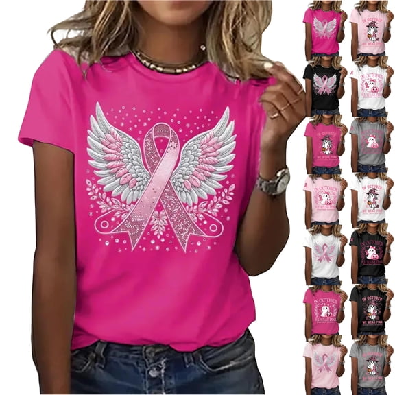 Breast Cancer Shirts for Women Breast Cancer Awareness Printed T-Shirt Short Sleeve Top