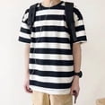 thumbnail image 2 of Camiseta de hombre a rayas, media manga, suelta, cuello redondo, blusa de algodón, negro, L Yuarrent AP002500-02, 2 of 7