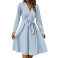 thumbnail image 2 of WTOBBY Women's Fashion Casual V-Neck Long Sleeve Waist Solid Color Floral Midi Dress Subtle Floral Accents on Solid Background Waist-Cinching Design for Slim Fit Versatile ,Light Blue M, 2 of 5