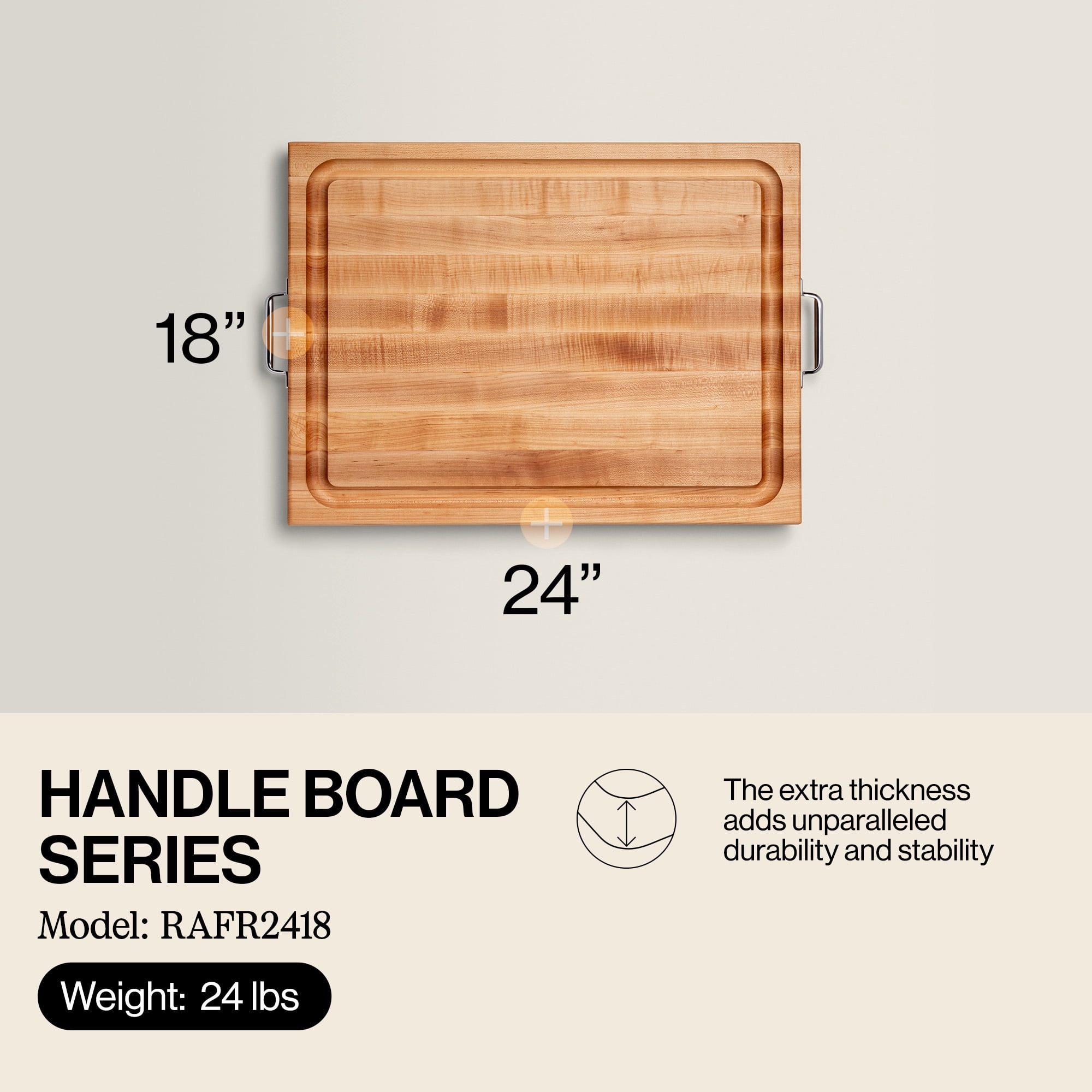 John Boos Handle Board Reversible Wood Cutting Board with Handles, Maple