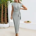 thumbnail image 2 of QHFBli Maxi Bodycon Dresses for Women Round Neck Short Sleeve Ruched Belted Summer Long Dress Business Casual Sundress, 2 of 5