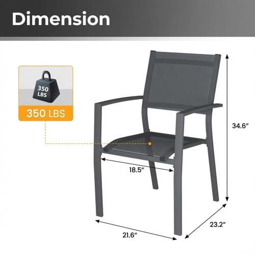 Set of 6 Heavy-Duty Metal Grey Outdoor Patio Chairs with All-Weather Textilene Mesh – 350 lbs Capacity