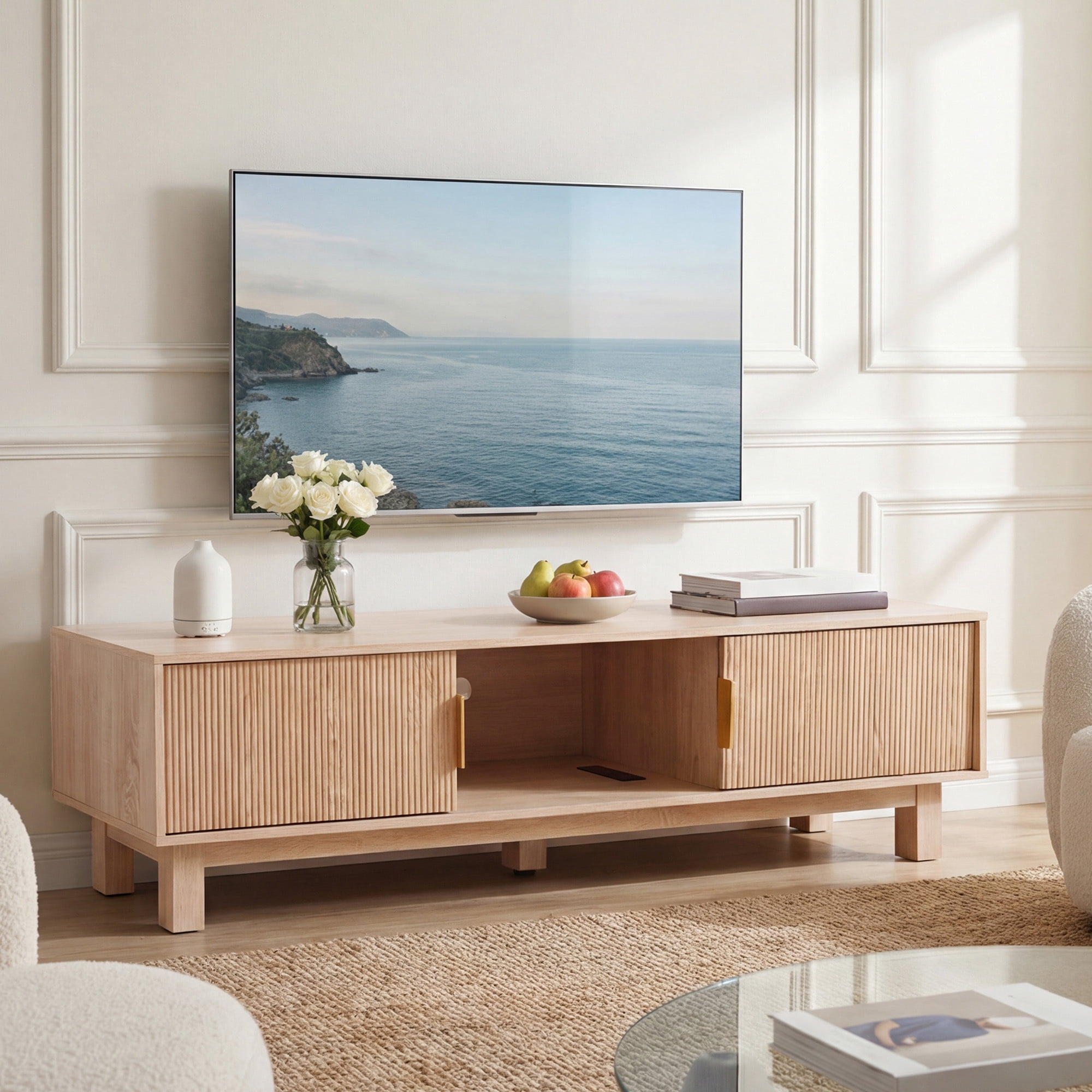 Uforic 59" Natural Wooden TV Stand with Power Outlets, Fluted Entertainment Center for 65" TVs (Living Room)
