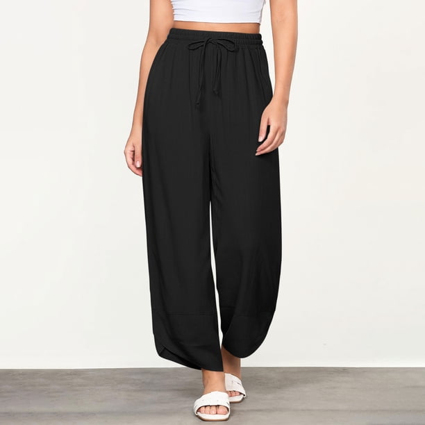 Karight Linen Pants Women Summer Beach Lounge Palazzo Trousers Loose Elastic Plus Size Drawstring with Pockets Pants