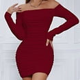 thumbnail image 3 of Women's Off-Shoulder Long Sleeve Pleated Bodycon Midi Dress, 3 of 5