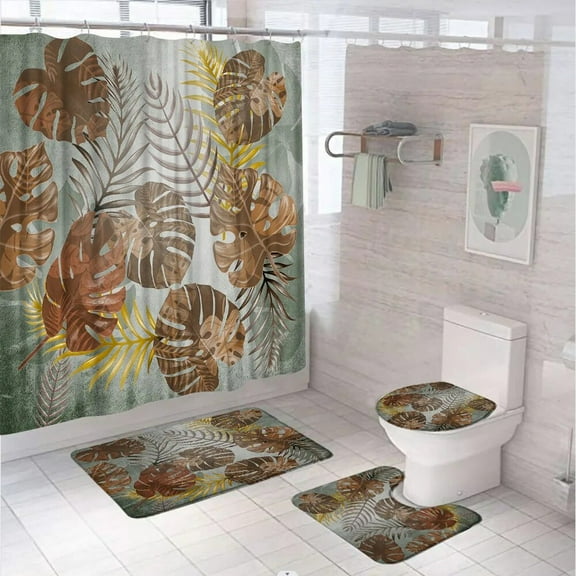 Tropical Leaves Shower Curtain Sets Summer Monstera Green Jungle Plant Bathroom Curtains Non-Slip Rugs Bath Mat Lid Toilet Cover