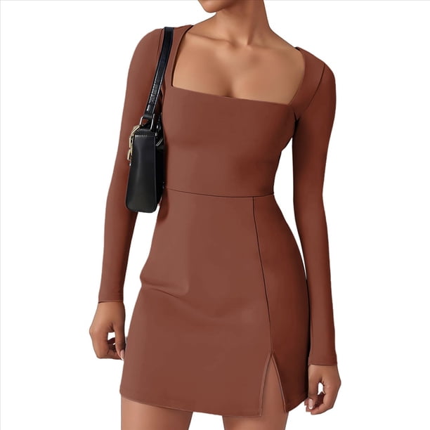 Vestido con Escote Cuadrado Color Café M