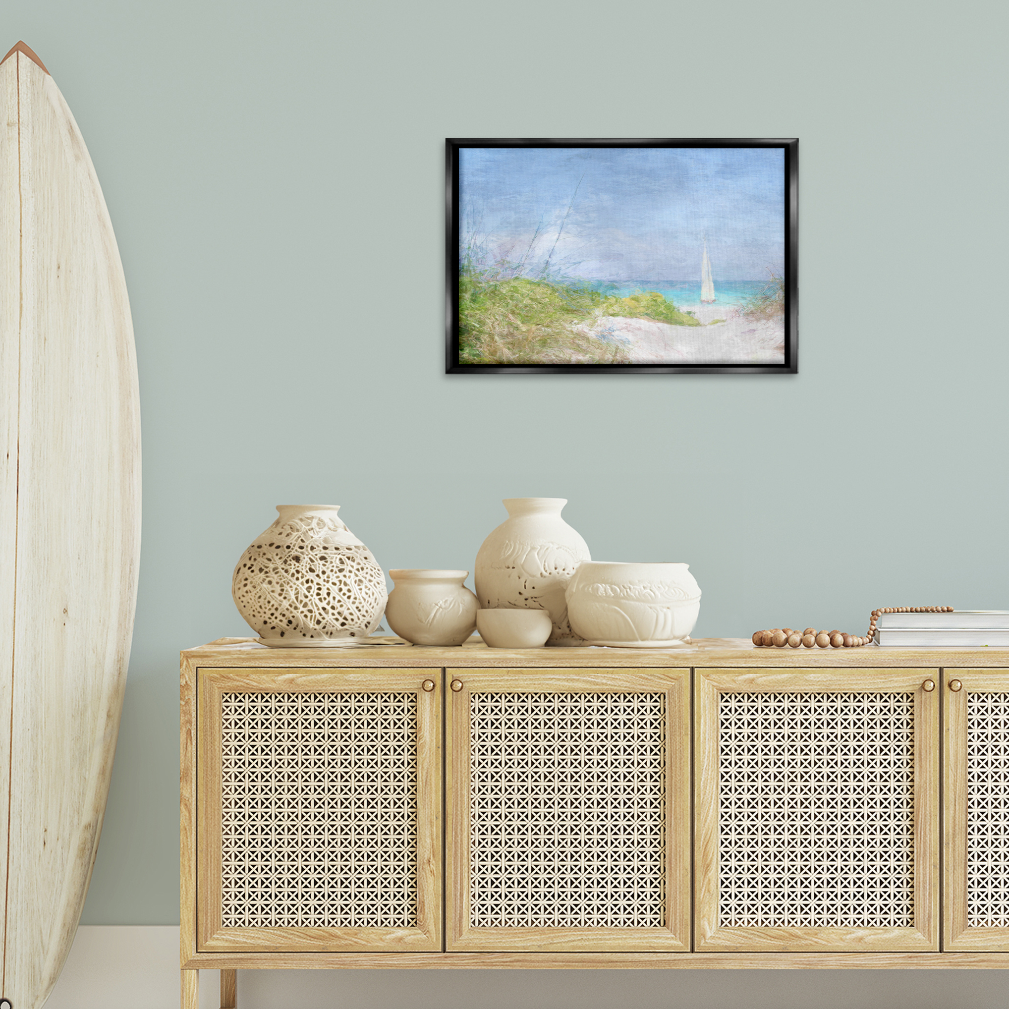 Stupell Industries Solitary Yacht Seascape Coastal Painting Black Floater Framed Canvas Art Print Wall Art, 25 x 17