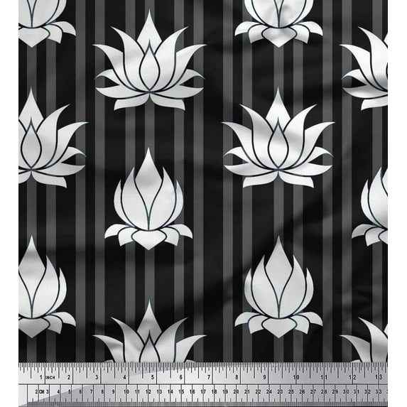 Soimoi Black Cotton Duck Fabric Stripe & Artistic Lotus Floral Printed Fabric 1 Yard 42 Inch Wide