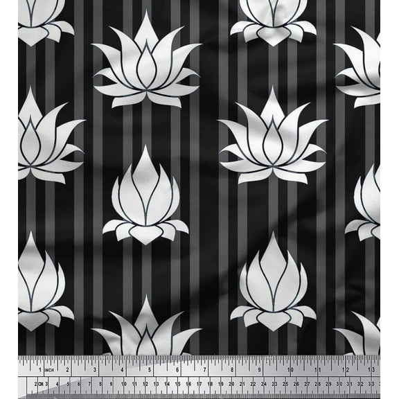 Soimoi Black Cotton Duck Fabric Stripe & Artistic Lotus Floral Printed Fabric 1 Yard 42 Inch Wide